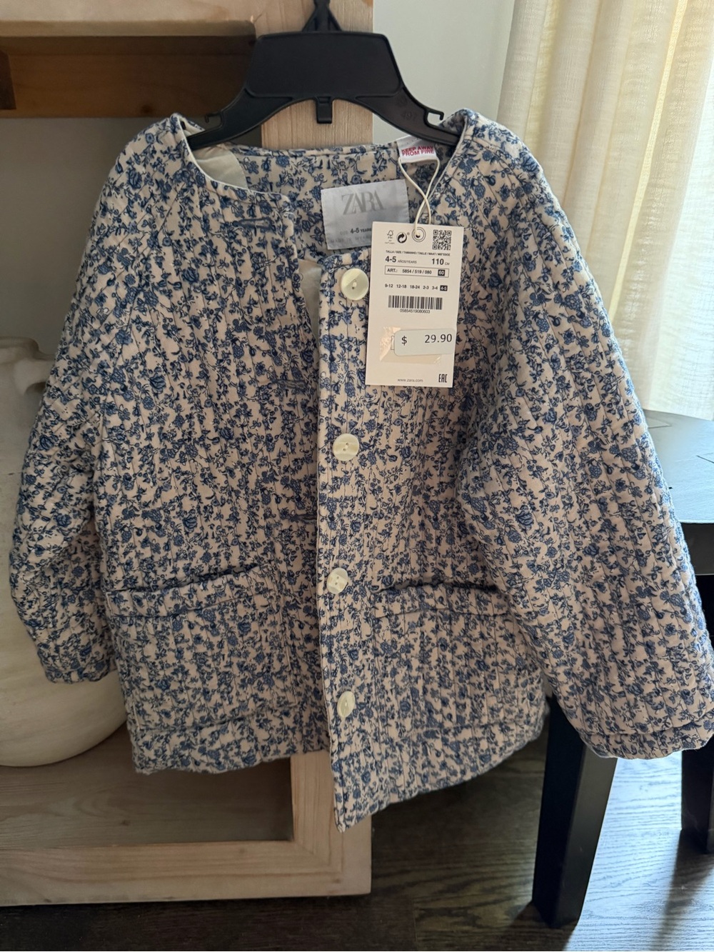 NWT Zara Kids Cream Jacket with Blue Floral Print